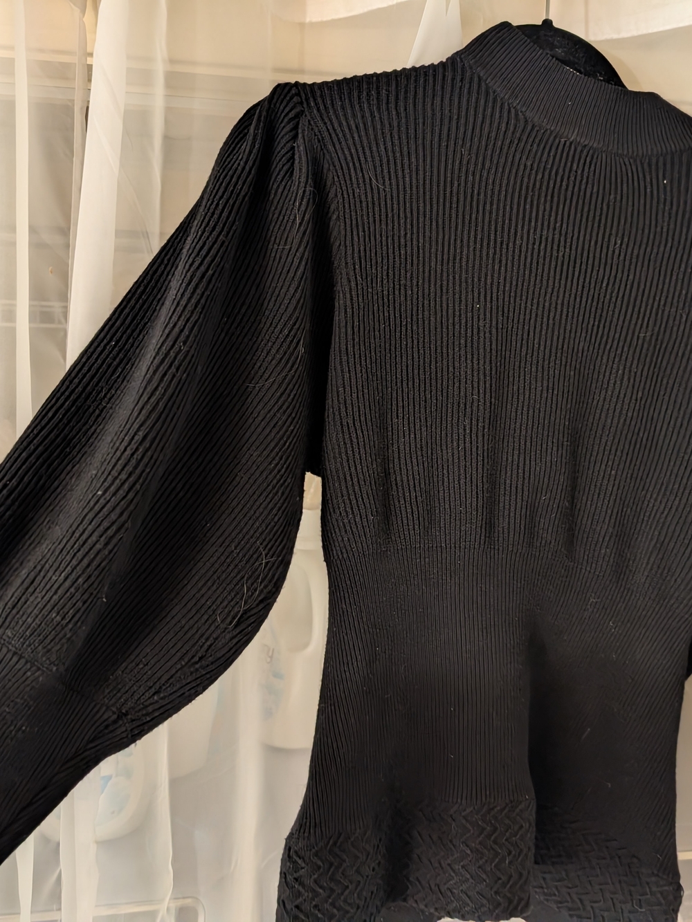 La Femme en Noir Black Ribbed Sweater with Puff Sleeves